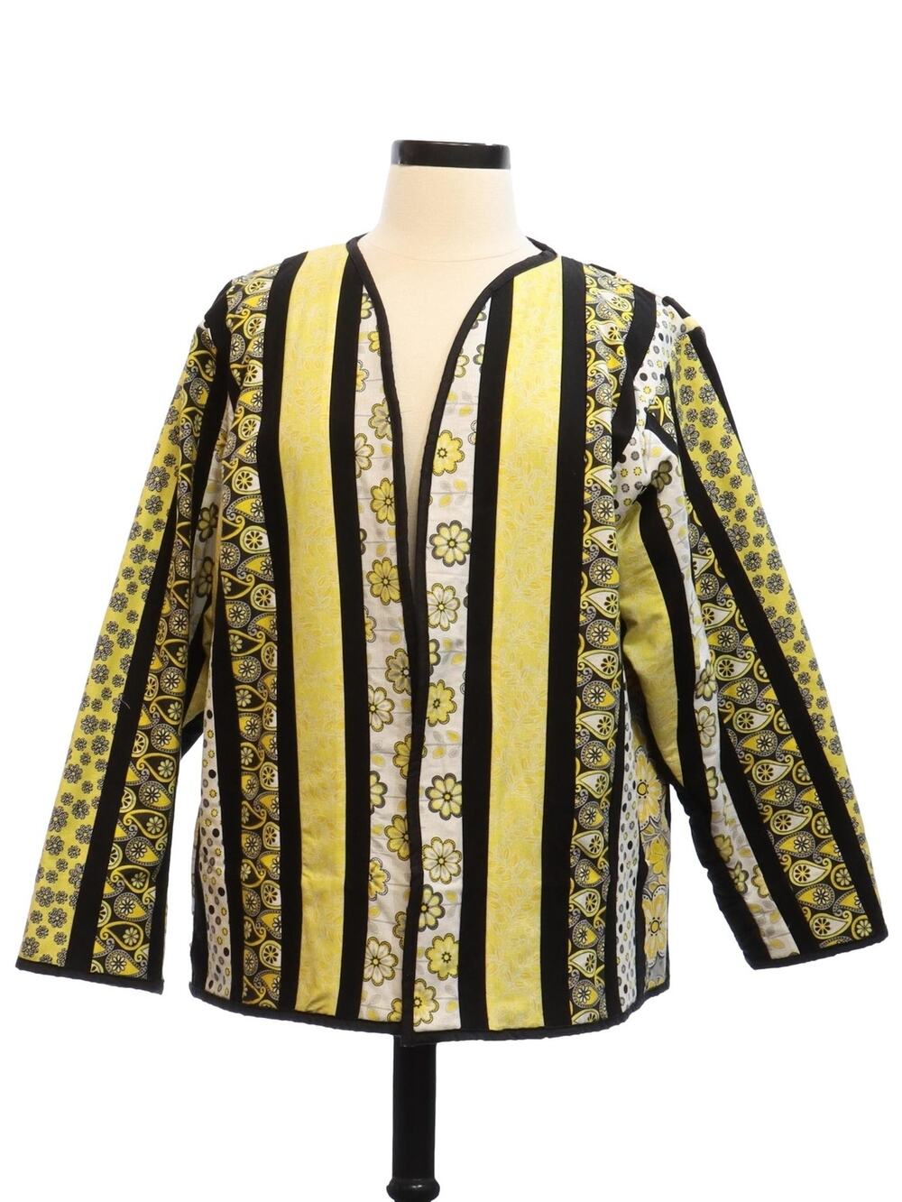 Vintage 1970s Handmade Quilted Jacket Yellow Black Patchwork Women’s L/XL